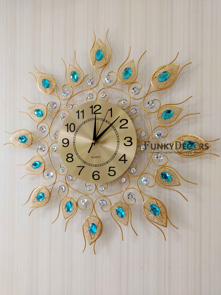 FunkyDecors 3D Golden Blue Flower Diamond Studded Wall Clock Watch Decor For Home Office And