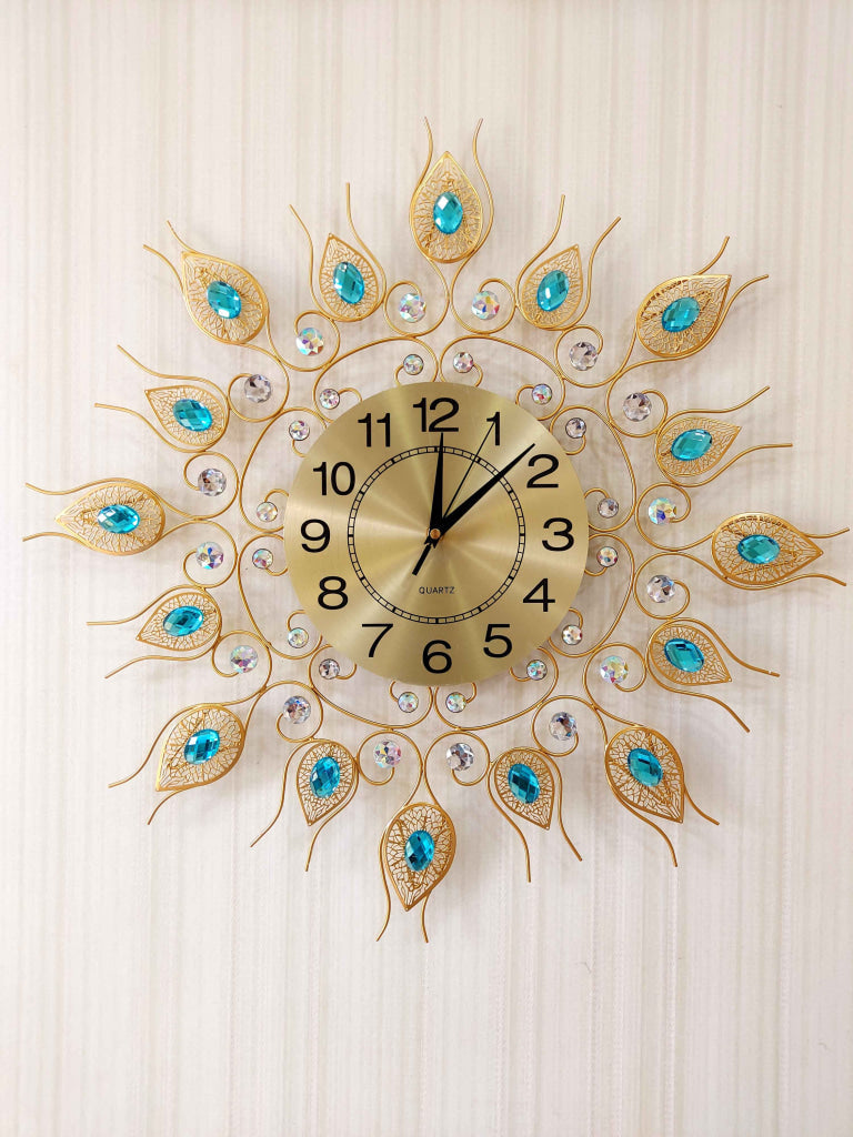 FunkyDecors 3D Golden Blue Flower Diamond Studded Wall Clock Watch Decor For Home Office And