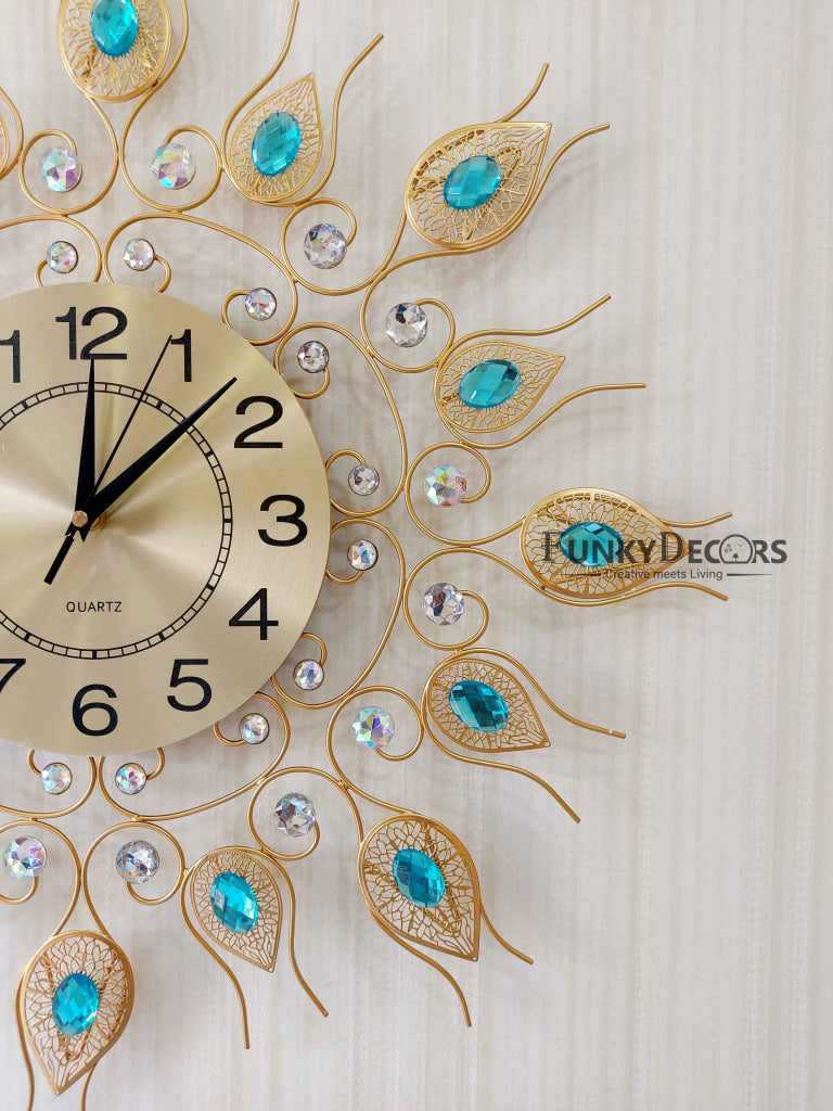FunkyDecors 3D Golden Blue Flower Diamond Studded Wall Clock Watch Decor For Home Office And