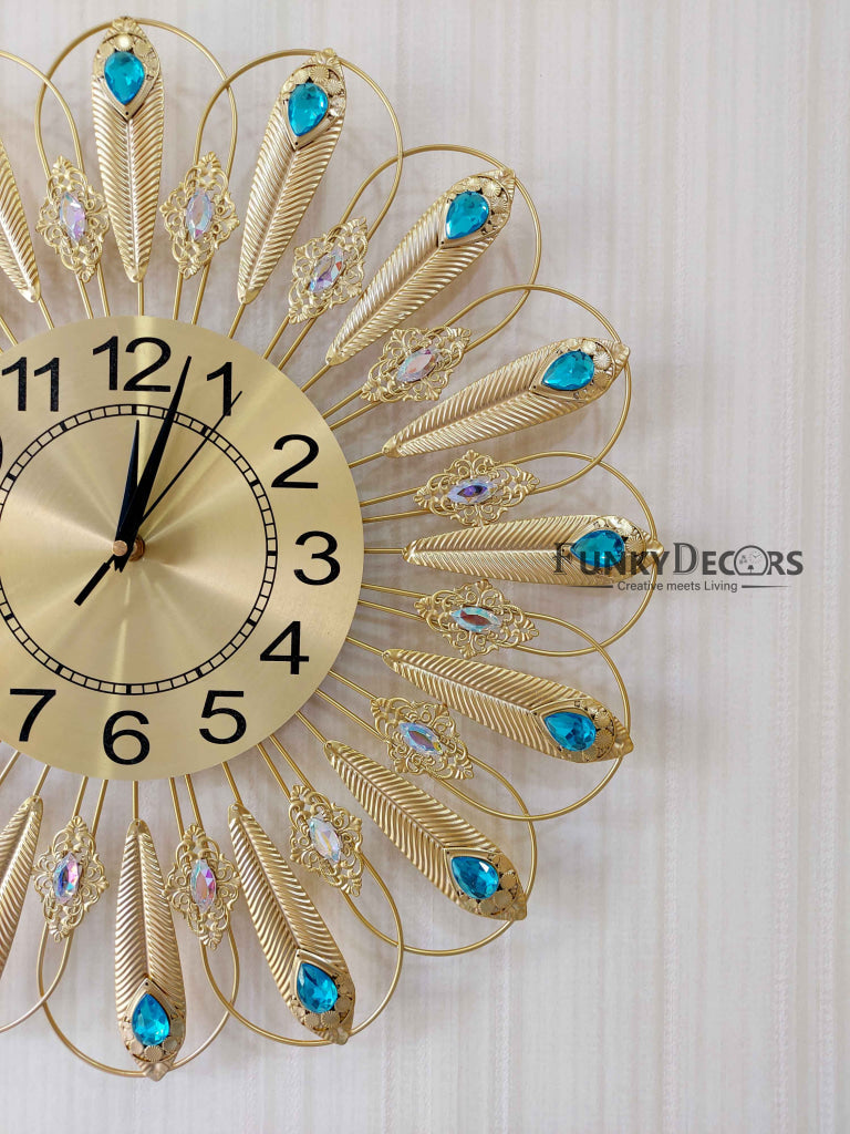 FunkyDecors 3D Golden Blue Flower Pallets Diamond Studded Wall Clock Watch Decor For Home Office