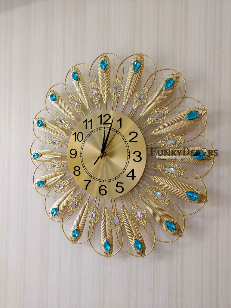 FunkyDecors 3D Golden Blue Flower Pallets Diamond Studded Wall Clock Watch Decor For Home Office