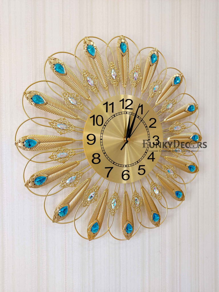 FunkyDecors 3D Golden Blue Flower Pallets Diamond Studded Wall Clock Watch Decor For Home Office