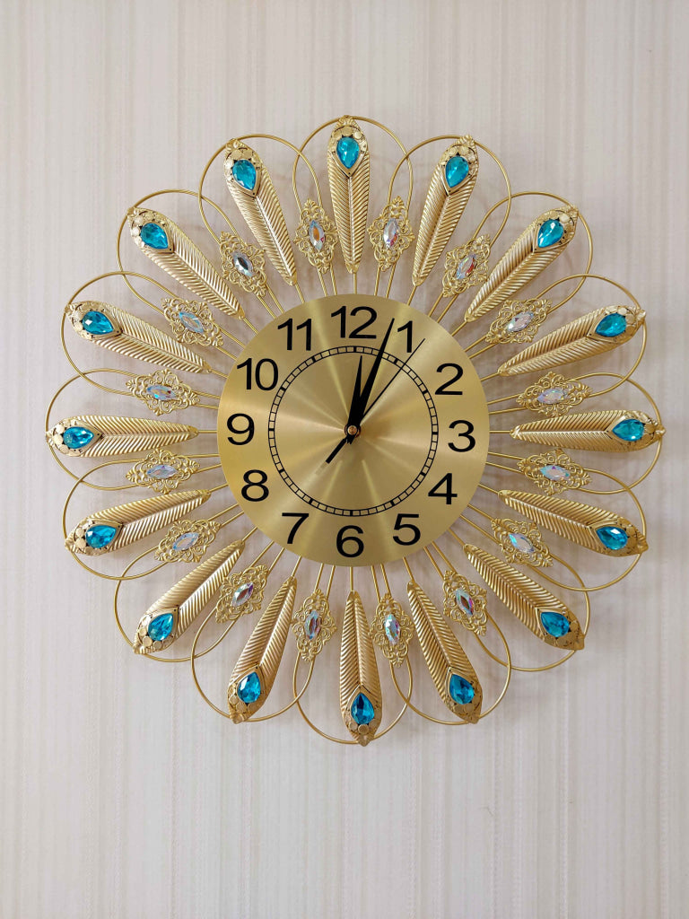 Funkytradition 3D Golden Blue Flower Pallets Diamond Studded Wall Clock Watch Decor For Home Office