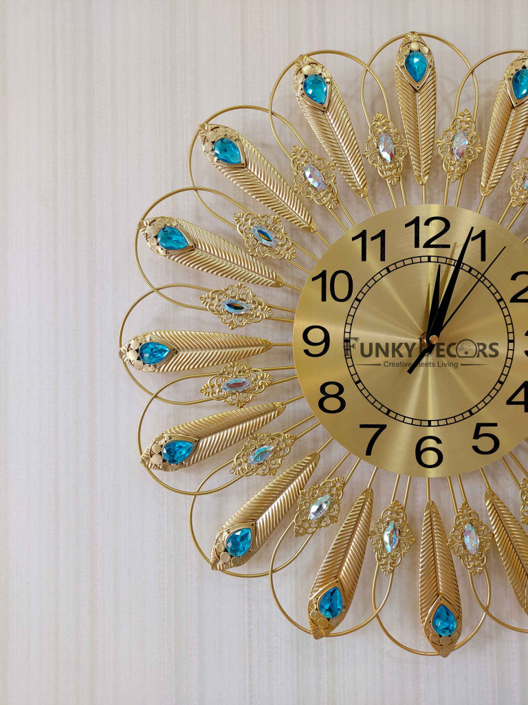 FunkyDecors 3D Golden Blue Flower Pallets Diamond Studded Wall Clock Watch Decor For Home Office