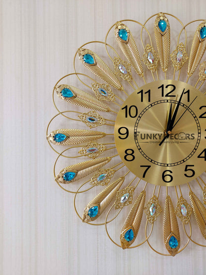 Funkytradition 3D Golden Blue Flower Pallets Diamond Studded Wall Clock Watch Decor For Home Office