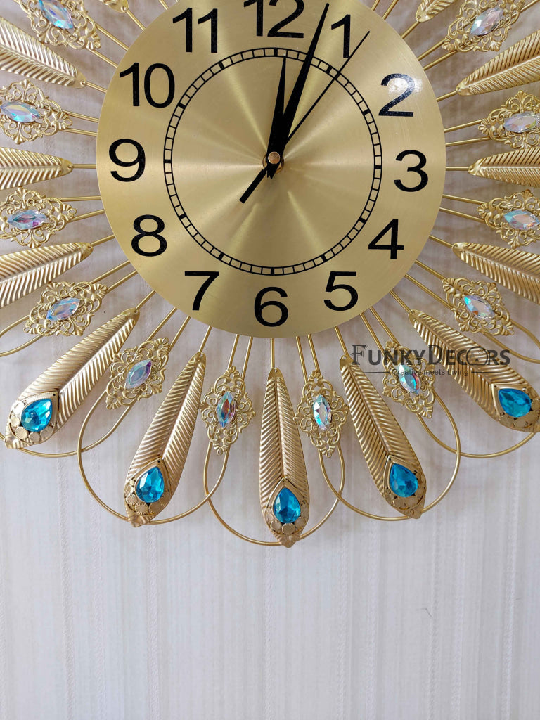 FunkyDecors 3D Golden Blue Flower Pallets Diamond Studded Wall Clock Watch Decor For Home Office