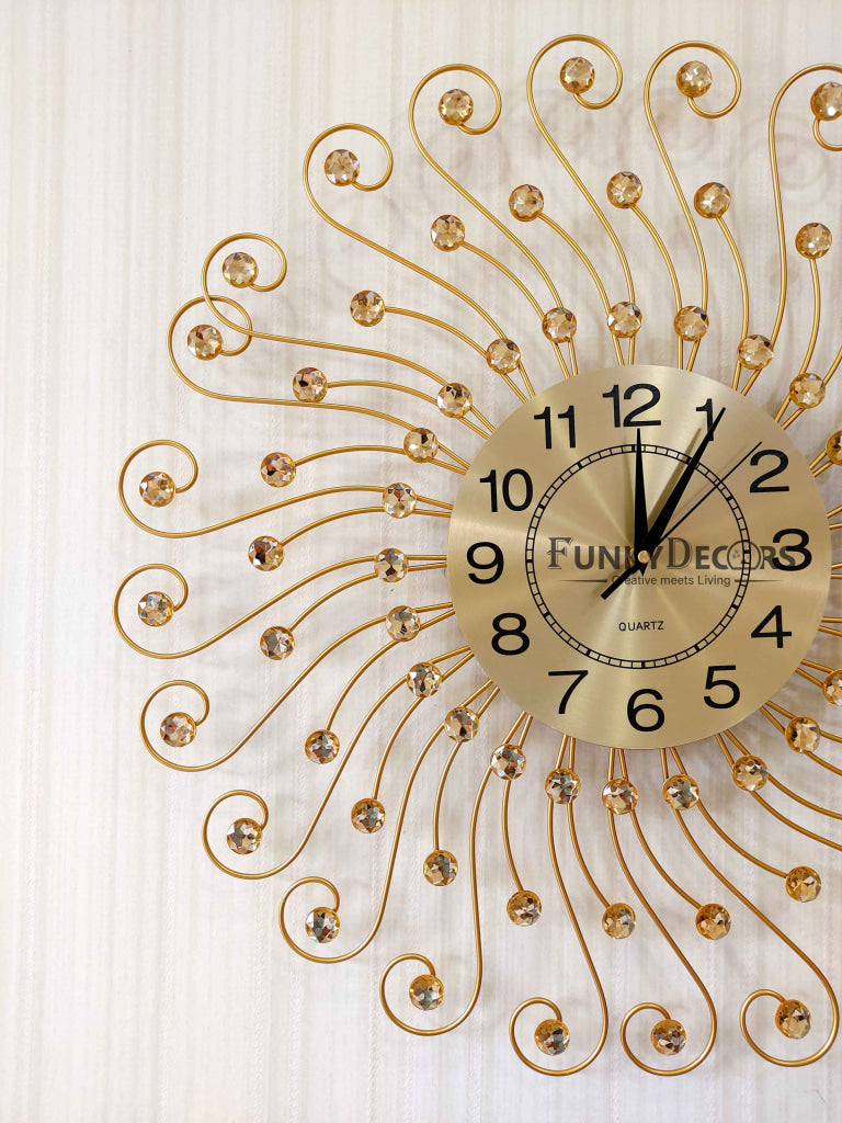 FunkyDecors 3D Golden Flower Design Diamond Studded Wall Clock Watch Decor For Home Office And