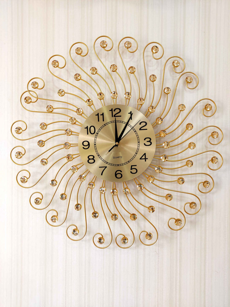 FunkyDecors 3D Golden Flower Design Diamond Studded Wall Clock Watch Decor For Home Office And
