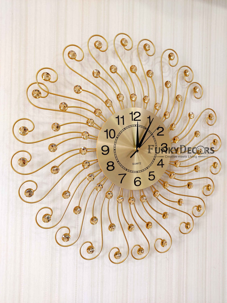 FunkyDecors 3D Golden Flower Design Diamond Studded Wall Clock Watch Decor For Home Office And