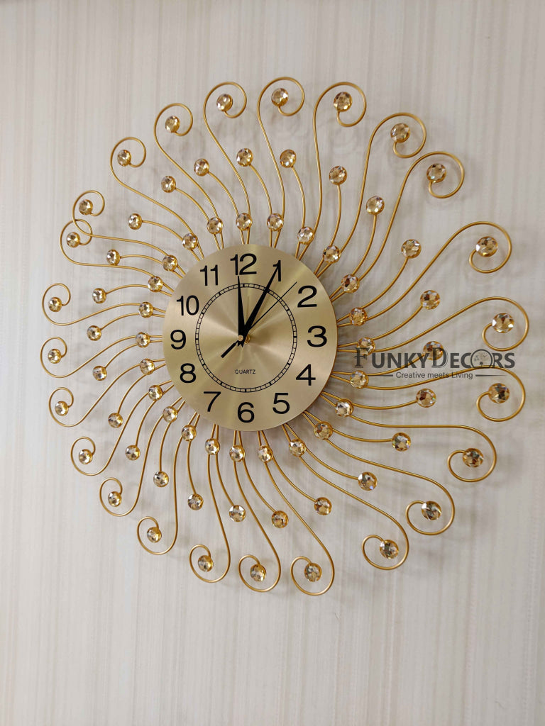 FunkyDecors 3D Golden Flower Design Diamond Studded Wall Clock Watch Decor For Home Office And