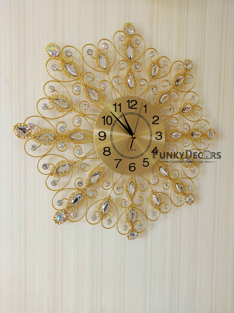 Funkytradition 3D Golden Flower Diamond Studded Wall Clock Watch Decor For Home Office And Gifts 62