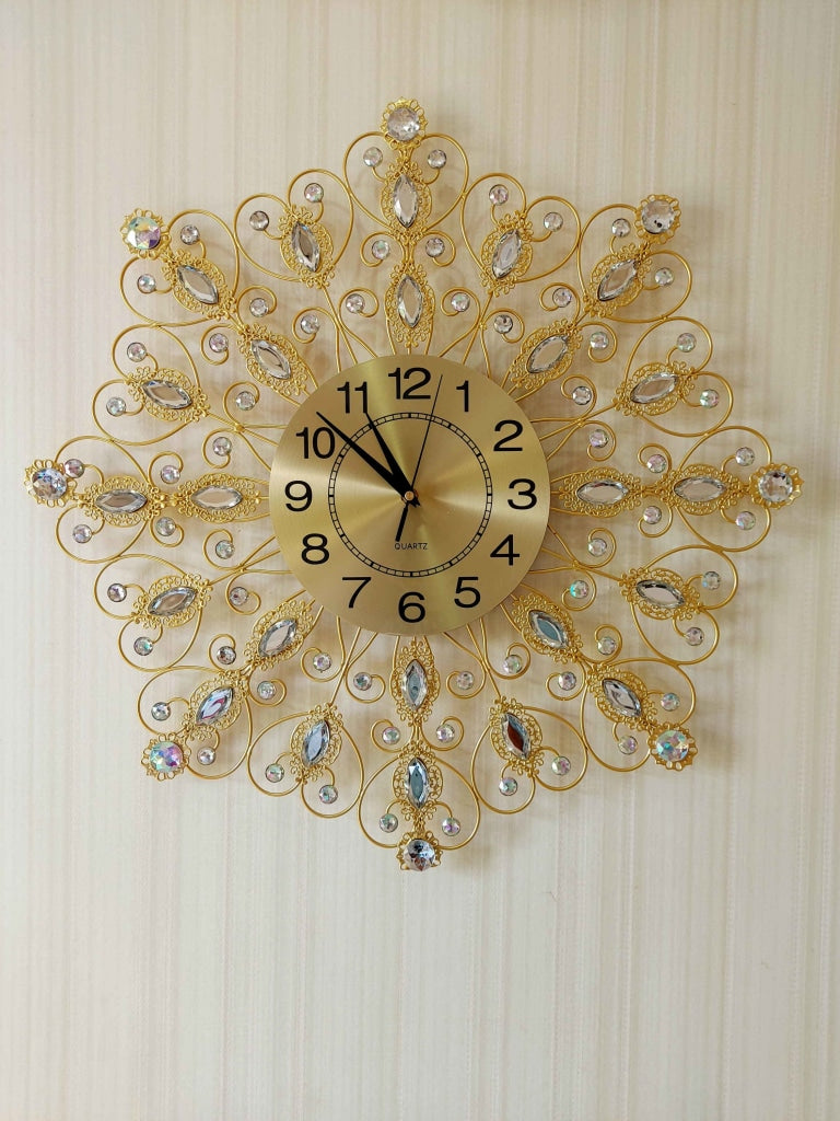 FunkyDecors 3D Golden Flower Diamond Studded Wall Clock Watch Decor For Home Office And Gifts 62