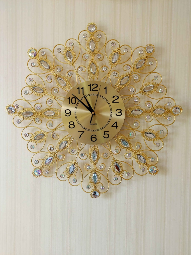 Funkytradition 3D Golden Flower Diamond Studded Wall Clock Watch Decor For Home Office And Gifts 62