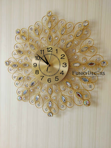 Funkytradition 3D Golden Flower Diamond Studded Wall Clock Watch Decor For Home Office And Gifts 62