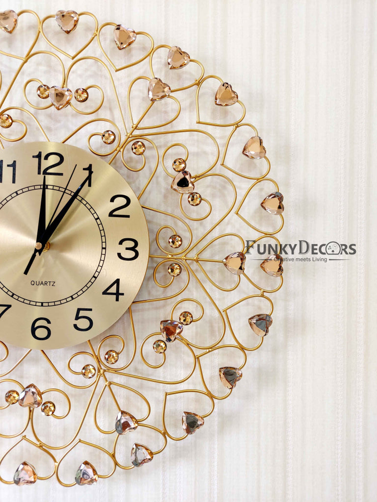 FunkyDecors 3D Golden Flower Hearts Diamond Studded Wall Clock Watch Decor For Home Office And