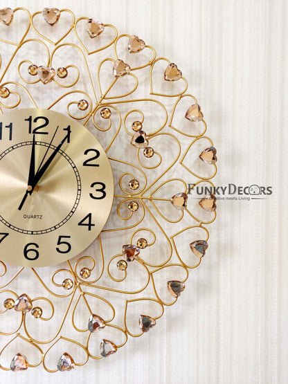 Funkytradition 3D Golden Flower Hearts Diamond Studded Wall Clock Watch Decor For Home Office And