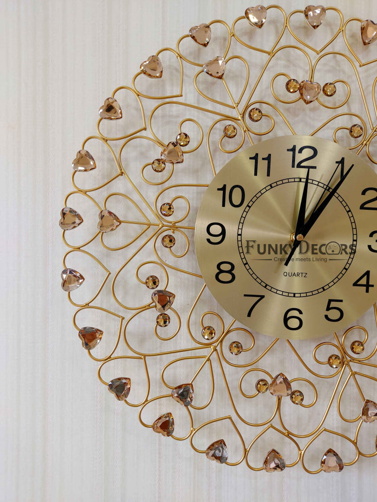 FunkyDecors 3D Golden Flower Hearts Diamond Studded Wall Clock Watch Decor For Home Office And