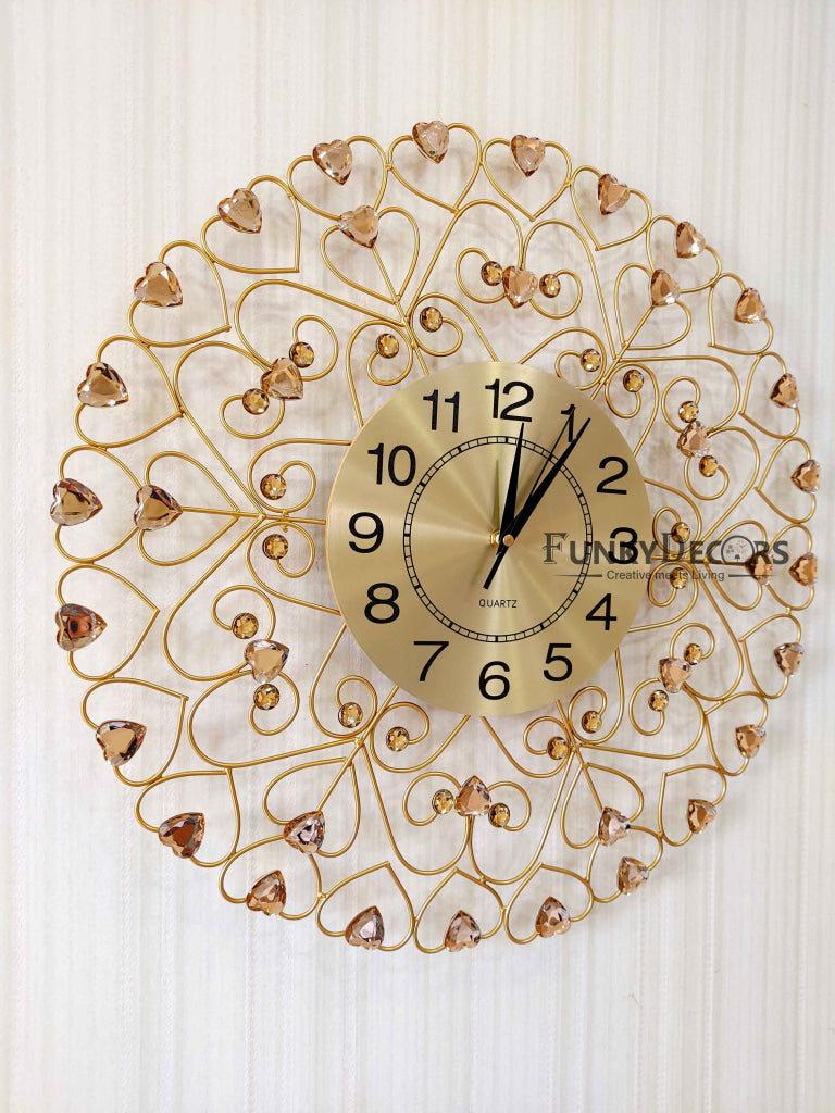 FunkyDecors 3D Golden Flower Hearts Diamond Studded Wall Clock Watch Decor For Home Office And