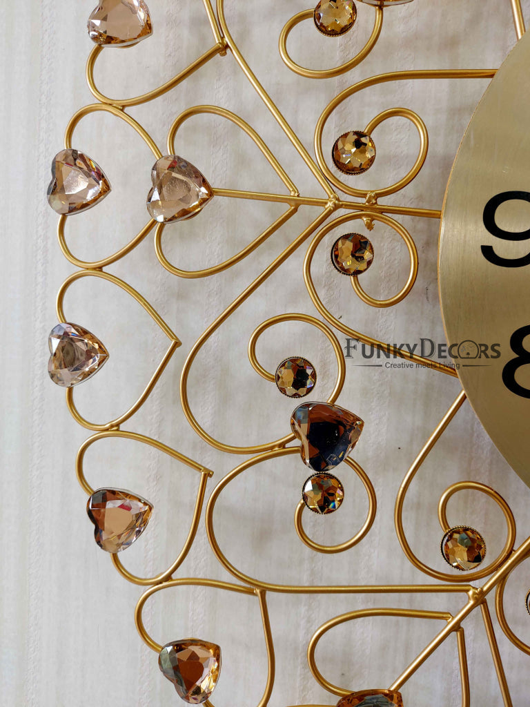 FunkyDecors 3D Golden Flower Hearts Diamond Studded Wall Clock Watch Decor For Home Office And
