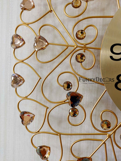 Funkytradition 3D Golden Flower Hearts Diamond Studded Wall Clock Watch Decor For Home Office And