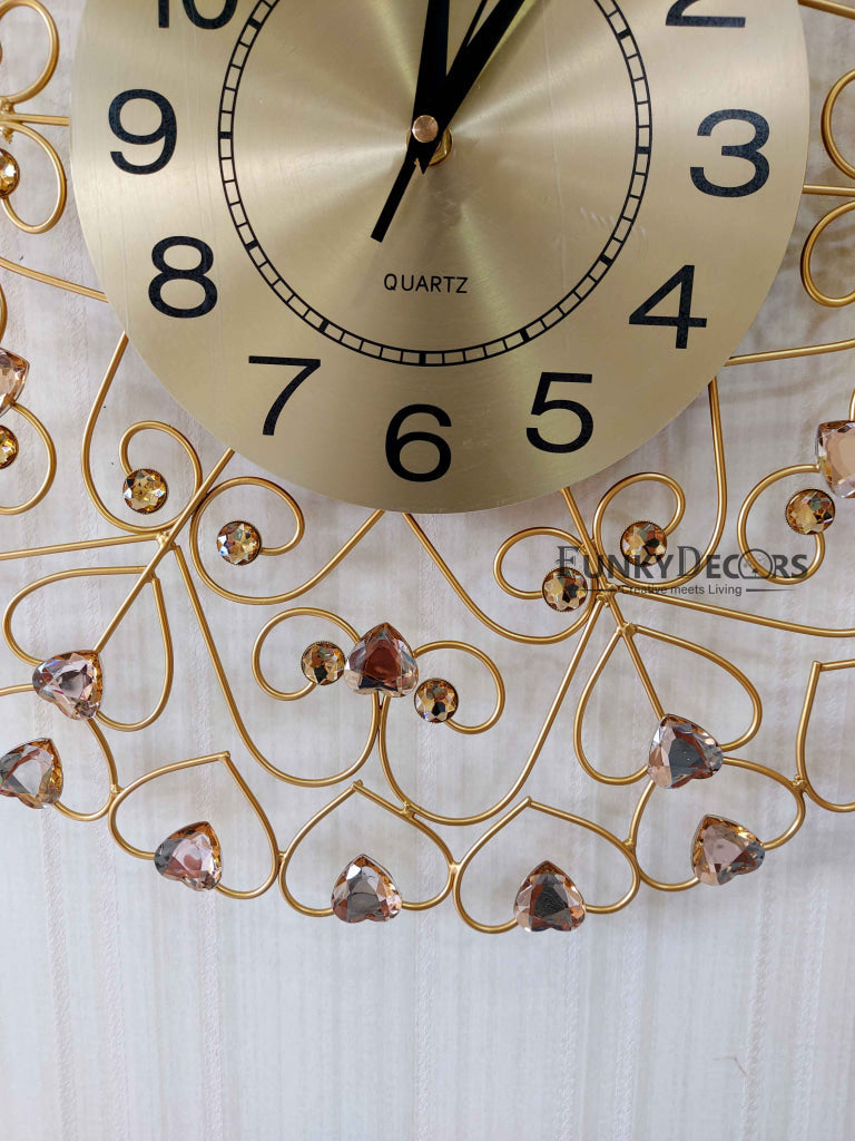 FunkyDecors 3D Golden Flower Hearts Diamond Studded Wall Clock Watch Decor For Home Office And