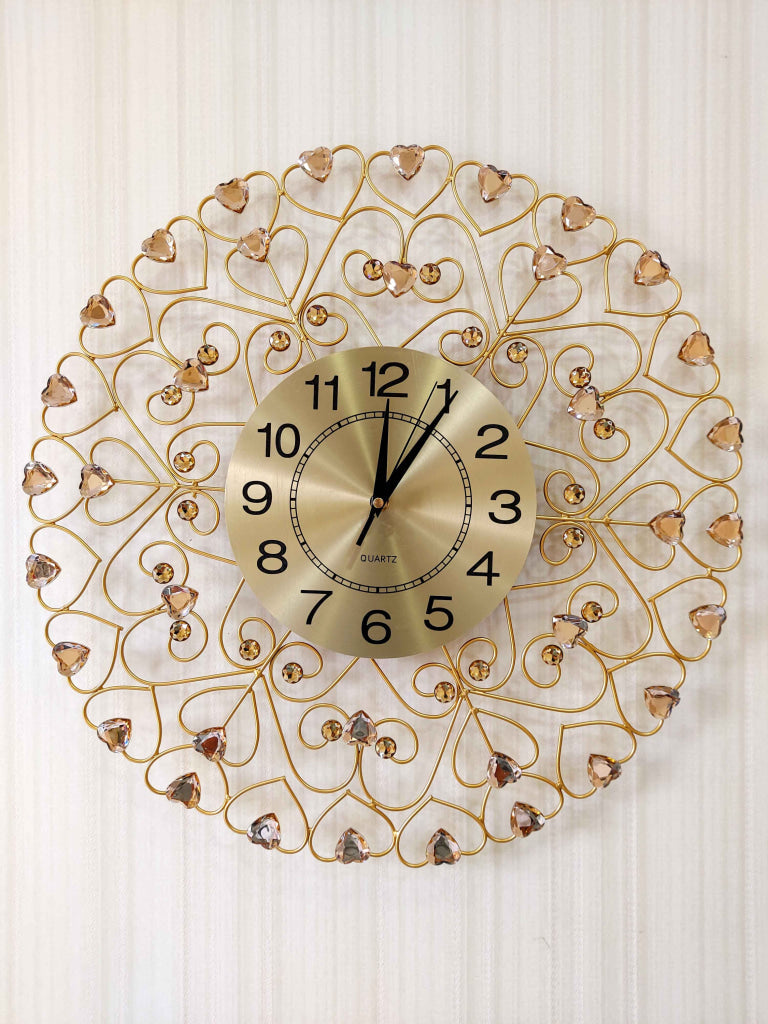 FunkyDecors 3D Golden Flower Hearts Diamond Studded Wall Clock Watch Decor For Home Office And