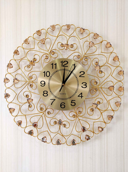 Funkytradition 3D Golden Flower Hearts Diamond Studded Wall Clock Watch Decor For Home Office And