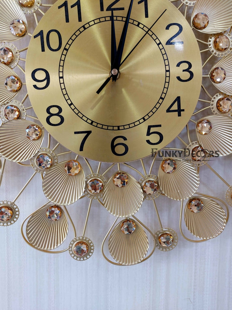 FunkyDecors 3D Golden Flower Pallets Diamond Studded Wall Clock Watch Decor For Home Office And