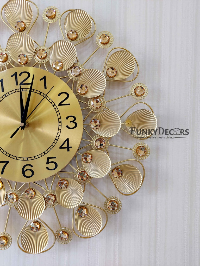 FunkyDecors 3D Golden Flower Pallets Diamond Studded Wall Clock Watch Decor For Home Office And