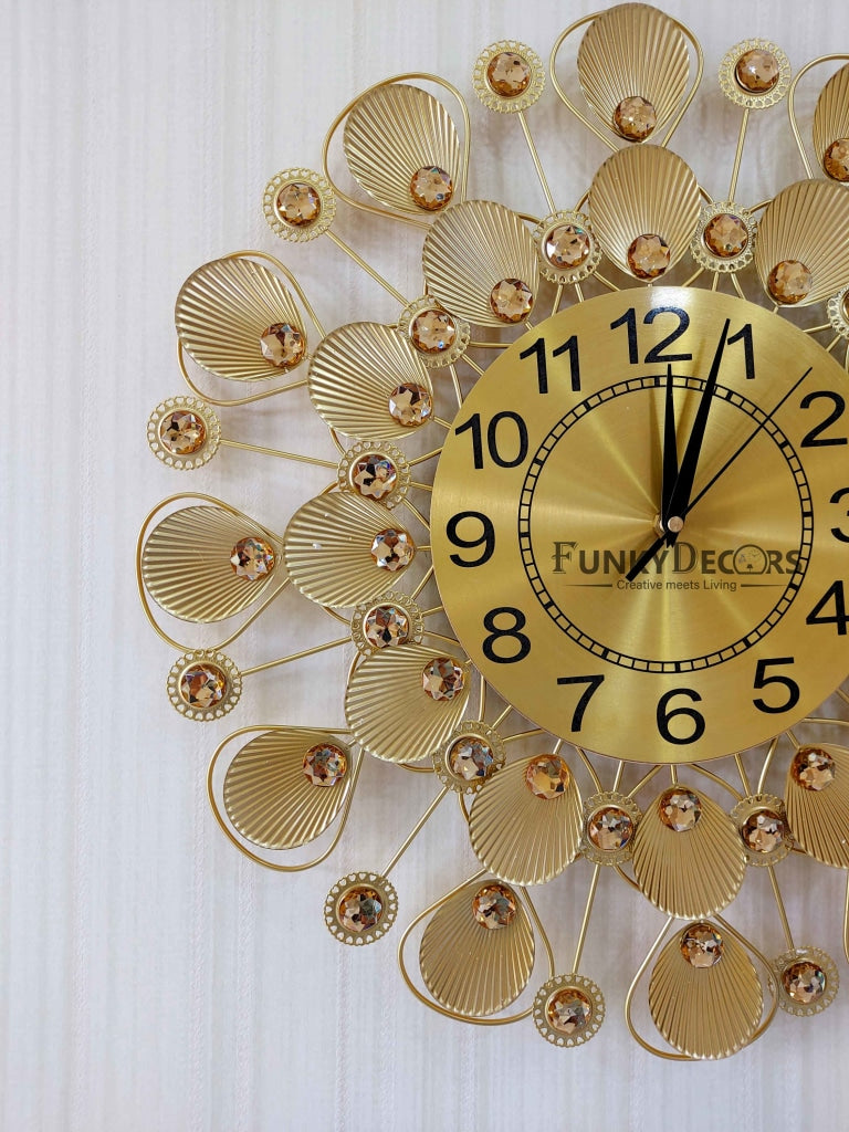 FunkyDecors 3D Golden Flower Pallets Diamond Studded Wall Clock Watch Decor For Home Office And