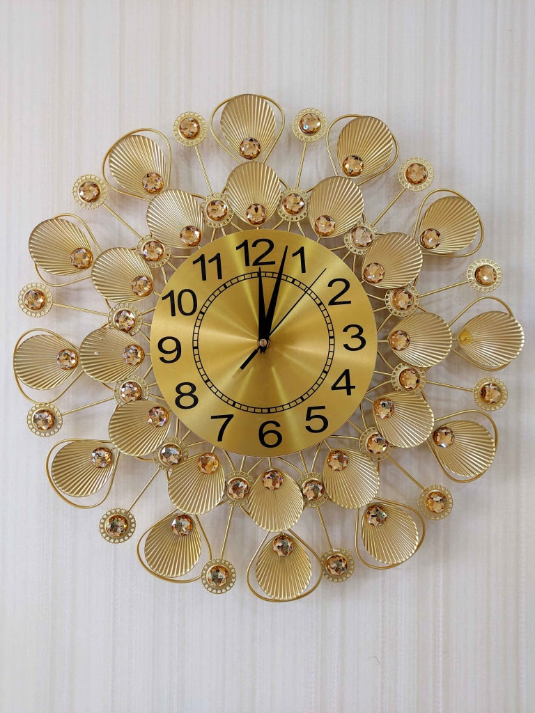 FunkyDecors 3D Golden Flower Pallets Diamond Studded Wall Clock Watch Decor For Home Office And
