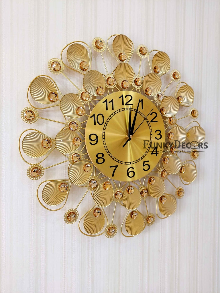 FunkyDecors 3D Golden Flower Pallets Diamond Studded Wall Clock Watch Decor For Home Office And