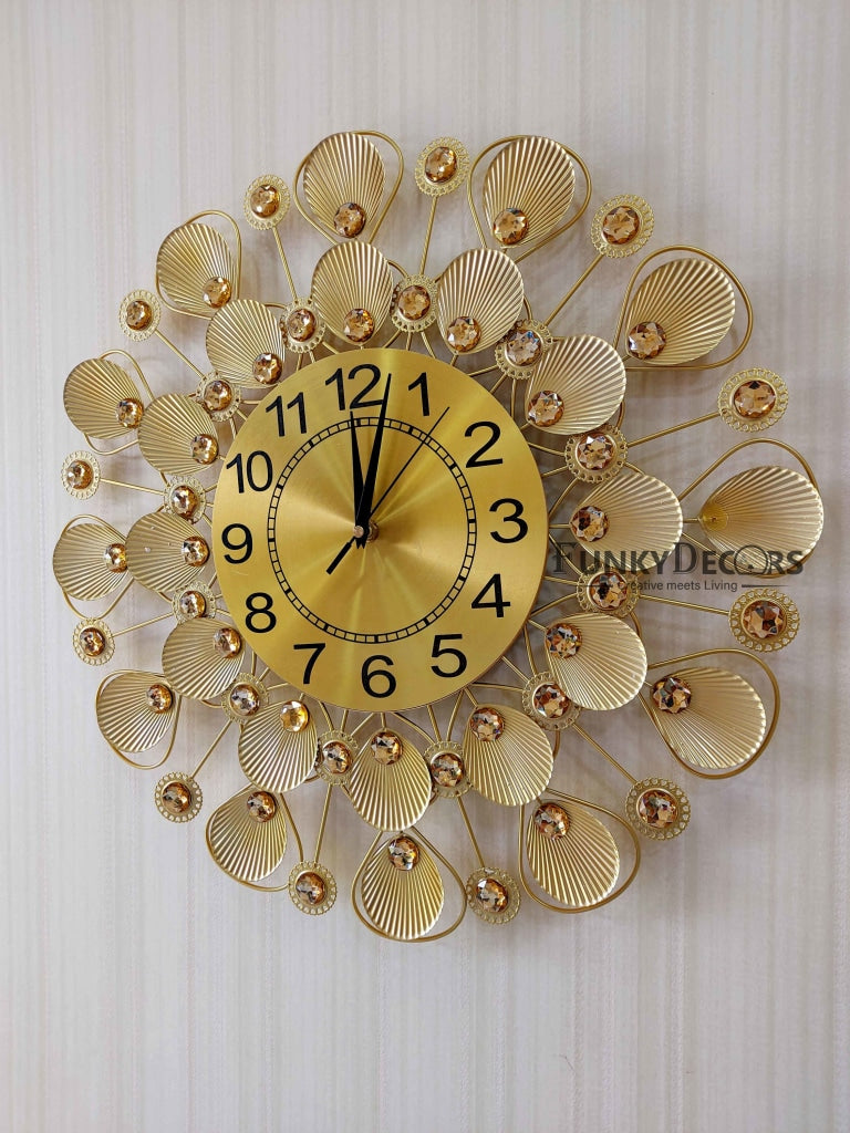 FunkyDecors 3D Golden Flower Pallets Diamond Studded Wall Clock Watch Decor For Home Office And