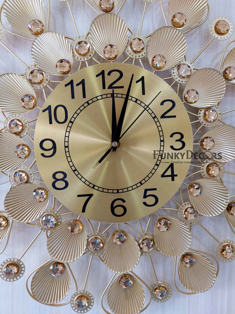 FunkyDecors 3D Golden Flower Pallets Diamond Studded Wall Clock Watch Decor For Home Office And