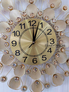 Funkytradition 3D Golden Flower Pallets Diamond Studded Wall Clock Watch Decor For Home Office And
