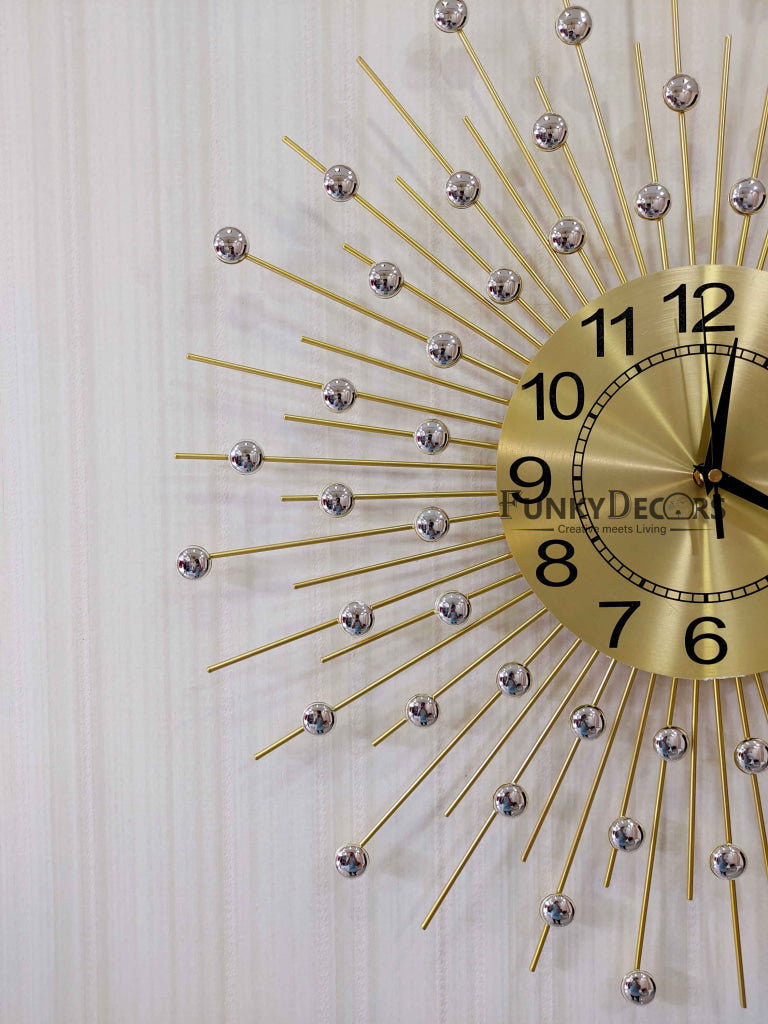 Funkytradition 3D Golden Minimal Design Diamond Studded Wall Clock Watch Decor For Home Office And