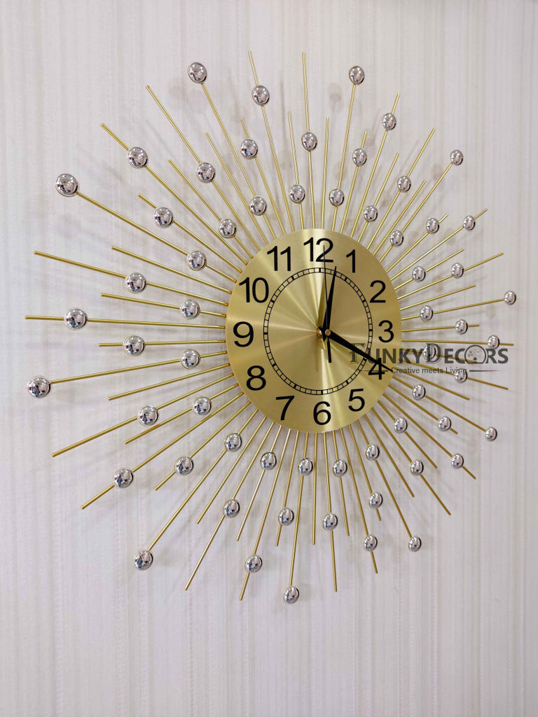 Funkytradition 3D Golden Minimal Design Diamond Studded Wall Clock Watch Decor For Home Office And