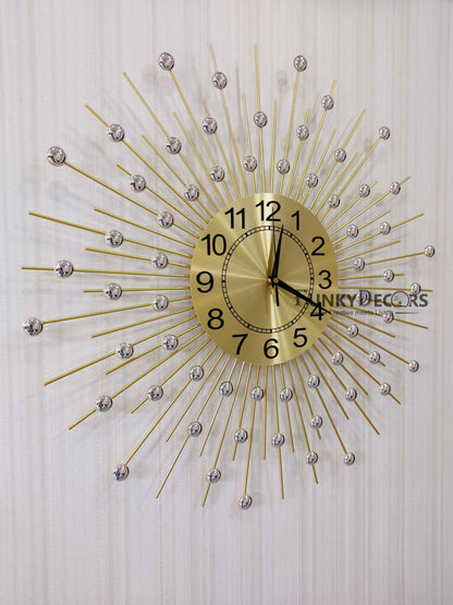 Funkytradition 3D Golden Minimal Design Diamond Studded Wall Clock Watch Decor For Home Office And