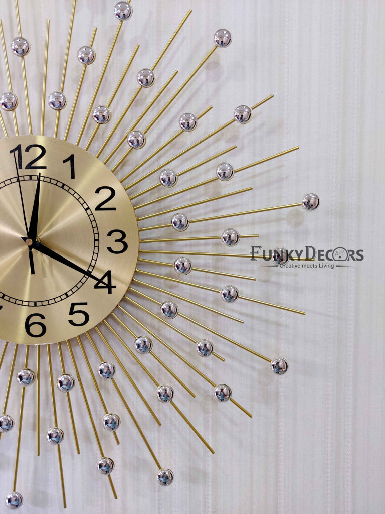 Funkytradition 3D Golden Minimal Design Diamond Studded Wall Clock Watch Decor For Home Office And