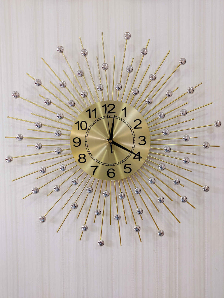 FunkyDecors 3D Golden Minimal Design Diamond Studded Wall Clock Watch Decor For Home Office And