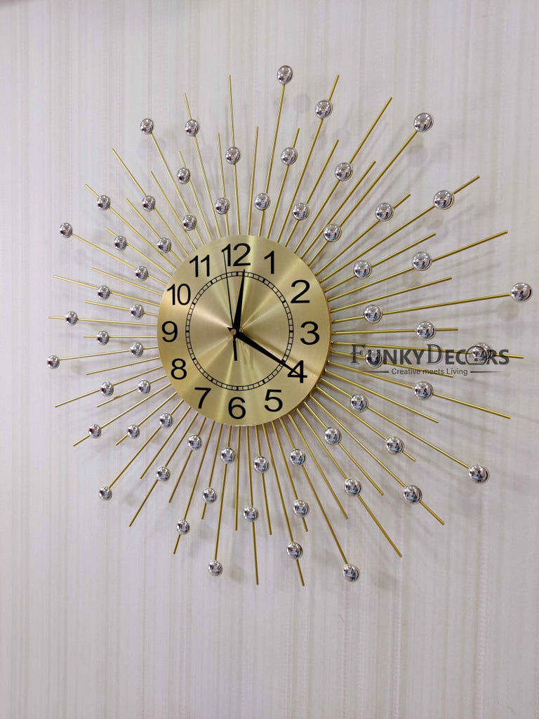 Funkytradition 3D Golden Minimal Design Diamond Studded Wall Clock Watch Decor For Home Office And