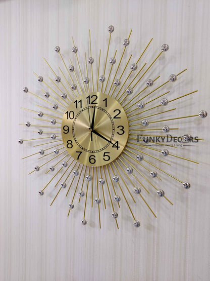 Funkytradition 3D Golden Minimal Design Diamond Studded Wall Clock Watch Decor For Home Office And