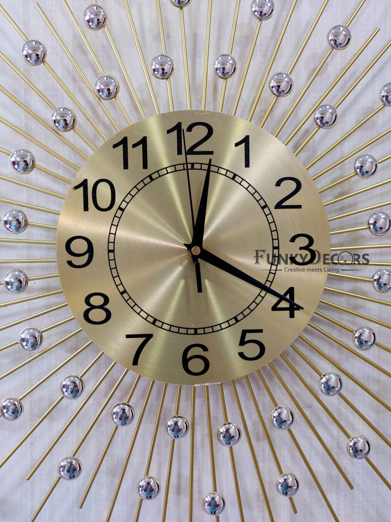 Funkytradition 3D Golden Minimal Design Diamond Studded Wall Clock Watch Decor For Home Office And