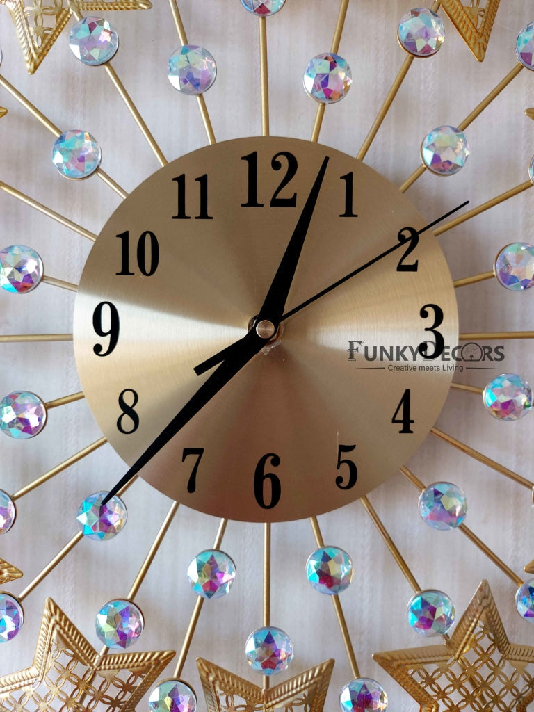 FunkyDecors 3D Golden Star Pallets Diamond Studded Wall Clock Watch Decor For Home Office And