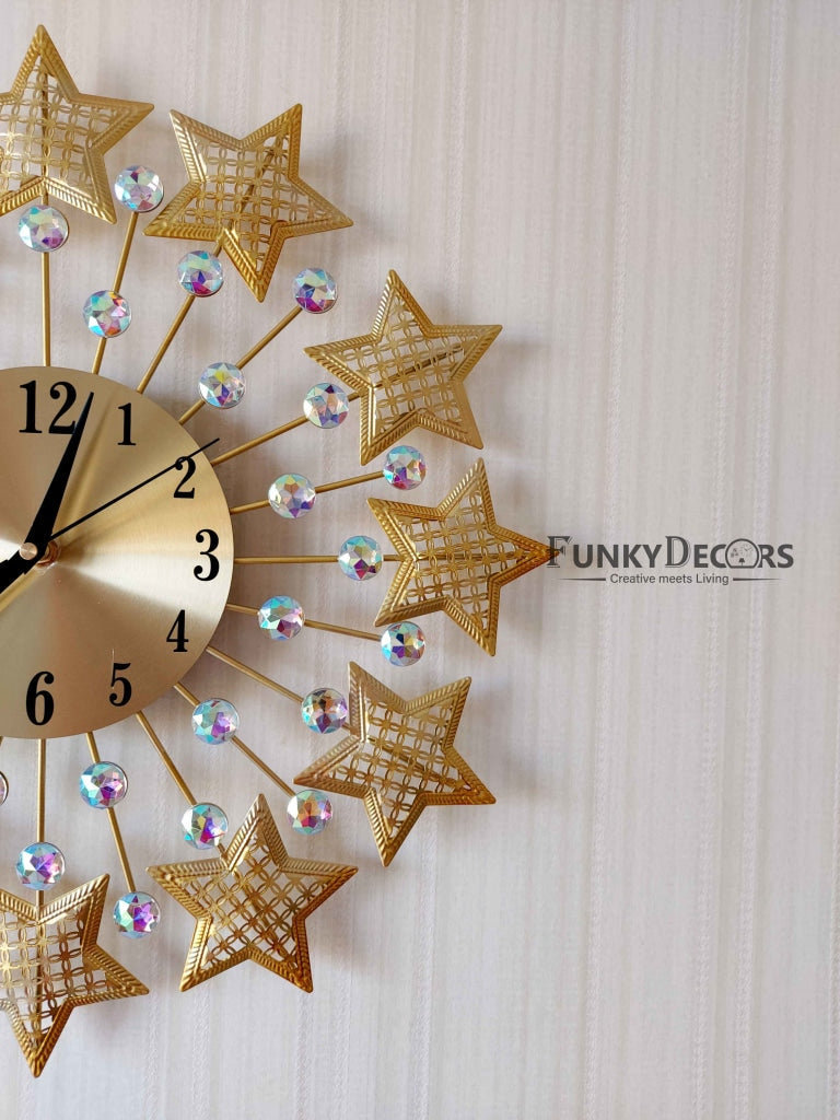 FunkyDecors 3D Golden Star Pallets Diamond Studded Wall Clock Watch Decor For Home Office And