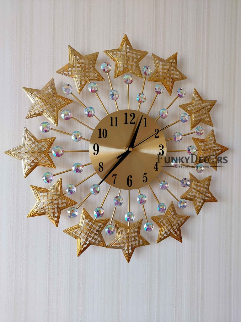 FunkyDecors 3D Golden Star Pallets Diamond Studded Wall Clock Watch Decor For Home Office And