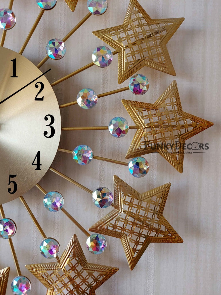 FunkyDecors 3D Golden Star Pallets Diamond Studded Wall Clock Watch Decor For Home Office And