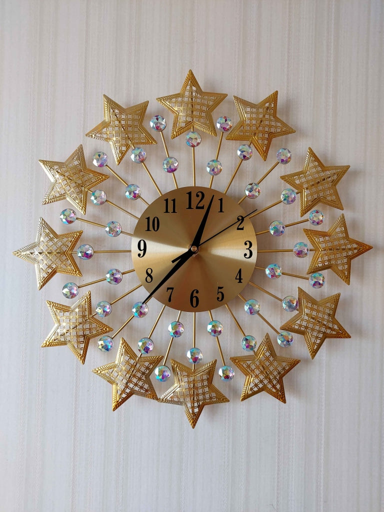 FunkyDecors 3D Golden Star Pallets Diamond Studded Wall Clock Watch Decor For Home Office And