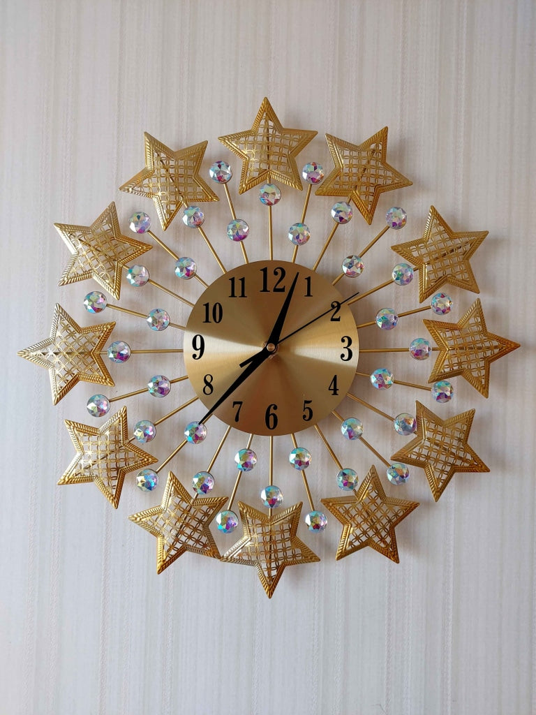 Funkytradition 3D Golden Star Pallets Diamond Studded Wall Clock Watch Decor For Home Office And
