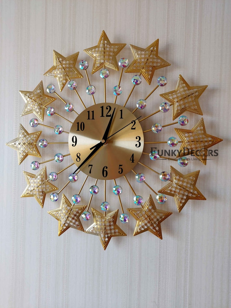 FunkyDecors 3D Golden Star Pallets Diamond Studded Wall Clock Watch Decor For Home Office And